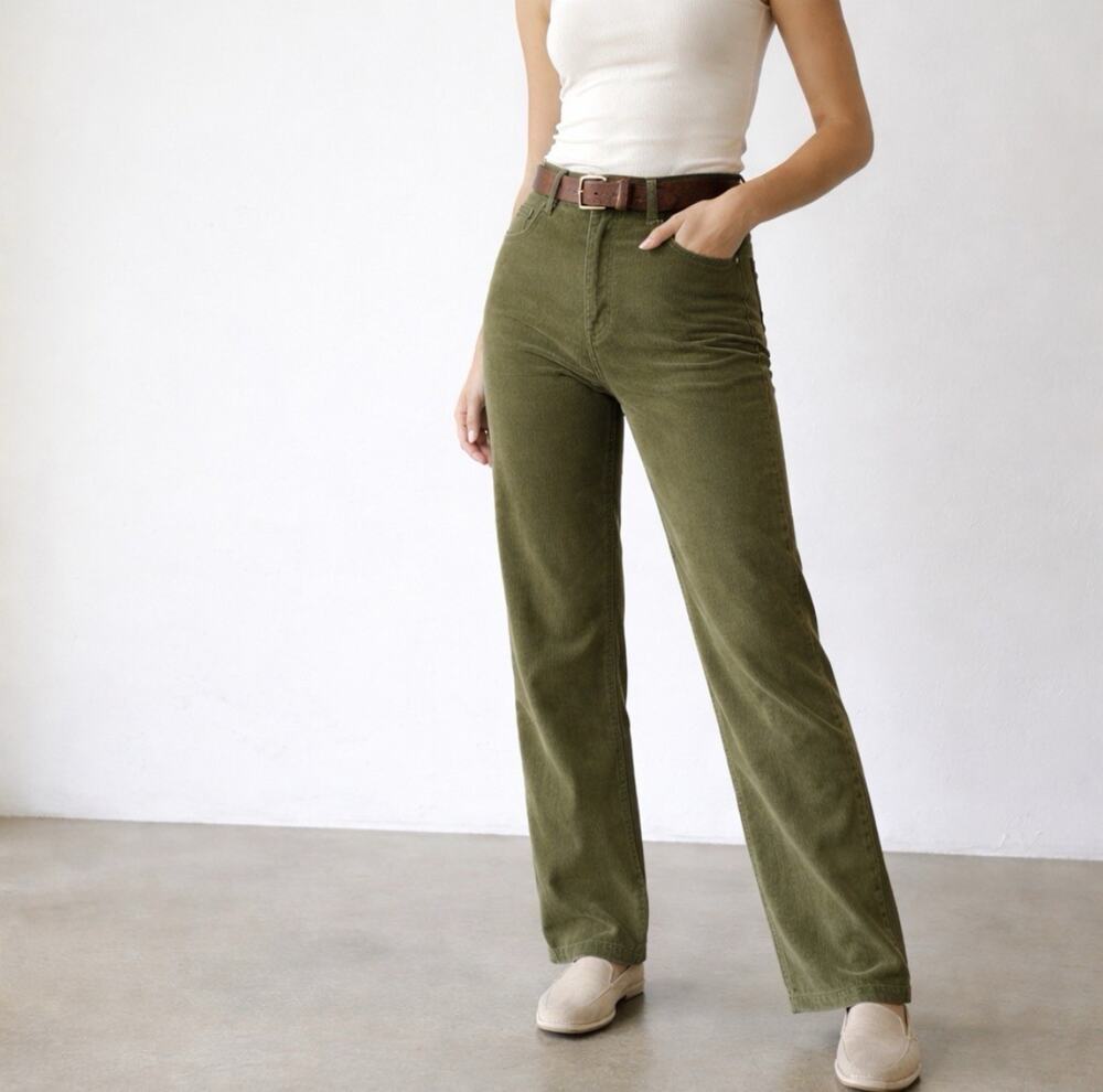 J Crew Sz 27P Green Pinwhale Corduroy Straight 5 pkt Minimalist Pants